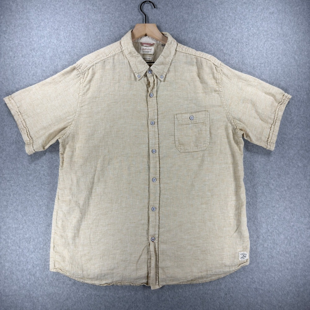 Weatherproof Vintage Mens XXL Tan Striped Linen Blend Short Sleeve Button Down